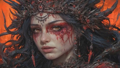 1girl,solo,long hair,looking at viewer,black hair,hair ornament,brown eyes,jewelry,yellow eyes,earrings,parted lips,artist name,lips,eyelashes,blood,makeup,facial mark,tiara,feathers,gem,portrait,blood on face,orange background,headdress,red lips,closed mouth,floating hair,wavy hair,messy hair,red background,close-up