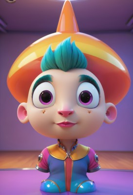 1girl,solo,looking at viewer,smile,short hair,1boy,hat,closed mouth,purple eyes,upper body,short sleeves,male focus,green hair,artist name,indoors,pink eyes,star (symbol),lips,male child,clown,animal ears,jewelry,sitting,blue hair,jacket,full body,multicolored hair,earrings,flat chest,two-tone hair,aqua hair,makeup,blurry background,watermark,multicolored clothes,furry,zipper,wide-eyed,doll,furry female,body fur,straight-on,animal nose,jumpsuit,yellow headwear,two-tone fur