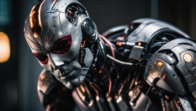 solo,1boy,upper body,male focus,armor,blurry,depth of field,blurry background,helmet,robot,science fiction,realistic,cyborg,power armor,cyberpunk,mask,portrait,close-up,cable