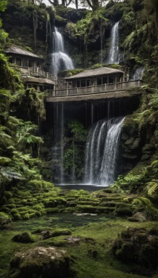 outdoors,day,water,tree,no humans,sunlight,grass,plant,building,nature,scenery,forest,rock,ruins,bridge,river,waterfall,moss,overgrown,stream,landscape