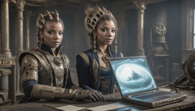 1girl,looking at viewer,multiple girls,brown hair,gloves,2girls,jewelry,upper body,braid,earrings,indoors,armor,lips,crown,gauntlets,dual persona,science fiction,realistic,computer,laptop,steampunk,blonde hair,dark skin,twin braids,dark-skinned female,cyborg,very dark skin