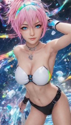 1girl,solo,breasts,looking at viewer,smile,short hair,bangs,blue eyes,large breasts,navel,cleavage,hair between eyes,bare shoulders,jewelry,medium breasts,closed mouth,standing,collarbone,swimsuit,ponytail,pink hair,bikini,thighs,cowboy shot,hairband,choker,belt,armpits,necklace,stomach,arm up,bracelet,lips,black panties,strapless,white bikini,wristband,arm behind head,contrapposto,ice,crystal,realistic,hand on own head,strapless bikini,mismatched bikini