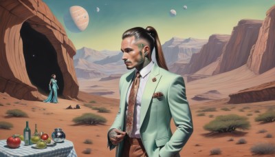 1girl,long hair,brown hair,shirt,black hair,1boy,jewelry,standing,jacket,white shirt,ponytail,male focus,earrings,outdoors,food,multiple boys,open clothes,necktie,sky,belt,pants,2boys,fruit,facial hair,formal,bottle,suit,beard,science fiction,hand in pocket,green jacket,mountain,realistic,mustache,apple,planet,wine bottle,desert,tent,long sleeves,dress,flower,collared shirt,dark skin,dark-skinned male,floating,grapes