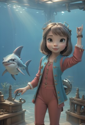 1girl,solo,looking at viewer,smile,short hair,bangs,brown hair,shirt,long sleeves,brown eyes,jewelry,closed mouth,standing,teeth,pants,indoors,water,vest,arm up,bracelet,lips,sunlight,child,fish,underwater,female child,red pants,shark,aquarium,blush,open mouth,collarbone,jacket,open clothes,day,artist name,hand up,flat chest,open jacket,ocean,crown,sharp teeth,blue jacket,red shirt,red jacket,light rays,red vest,key,whale