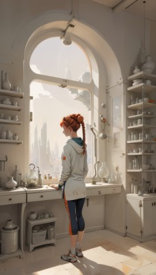 1girl,solo,long hair,brown hair,long sleeves,holding,closed mouth,standing,jacket,full body,braid,red hair,shoes,day,socks,pants,cloud,indoors,hood,hair bun,from behind,orange hair,apron,cup,window,single braid,hoodie,profile,shadow,looking away,sunlight,single hair bun,white footwear,hood down,bottle,white socks,building,sneakers,scenery,hooded jacket,plate,tiles,cityscape,teapot,tile floor,leggings,wide shot,white hoodie,ladle,kitchen,jar,sink,kettle,stove,hair ornament,coat,white jacket,braided ponytail,shelf