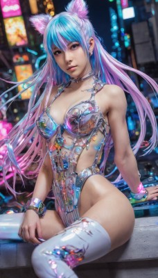 1girl,solo,long hair,breasts,looking at viewer,bangs,thighhighs,animal ears,cleavage,bare shoulders,jewelry,medium breasts,sitting,blue hair,pink hair,multicolored hair,earrings,choker,cat ears,blurry,bracelet,two-tone hair,white thighhighs,leotard,lips,blurry background,realistic,cyberpunk,outdoors,collar,torn clothes,gradient hair,fake animal ears,arm support,watermark,revealing clothes,web address,city,torn thighhighs