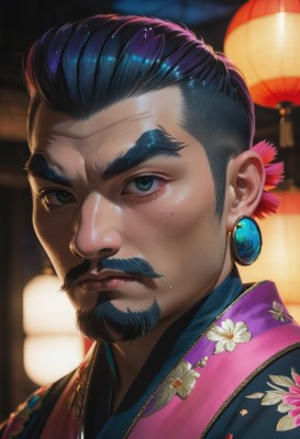 solo,looking at viewer,short hair,blue eyes,black hair,1boy,jewelry,closed mouth,male focus,earrings,japanese clothes,kimono,mole,blurry,black eyes,lips,blurry background,facial hair,floral print,thick eyebrows,portrait,beard,freckles,lantern,realistic,nose,mustache,paper lantern,blue hair,multicolored hair,shiny,mole under eye,night,close-up