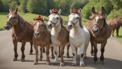 standing,outdoors,day,tree,no humans,shadow,animal,grass,crown,nature,scenery,forest,realistic,road,animal focus,horse,looking at viewer,signature,red headwear,bush