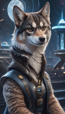 solo,looking at viewer,smile,1boy,brown eyes,jewelry,closed mouth,upper body,male focus,outdoors,sky,artist name,signature,vest,orange eyes,no humans,night,animal,moon,cat,gem,star (sky),night sky,furry,full moon,furry male,animal focus,whiskers,blurry,realistic