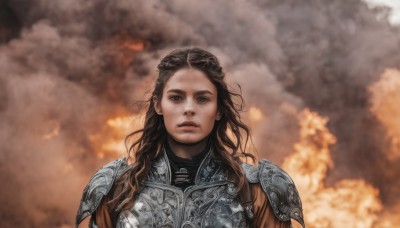 1girl,solo,long hair,looking at viewer,blue eyes,brown hair,brown eyes,closed mouth,upper body,sky,cloud,armor,lips,cloudy sky,shoulder armor,portrait,pauldrons,breastplate,realistic,expressionless,smoke