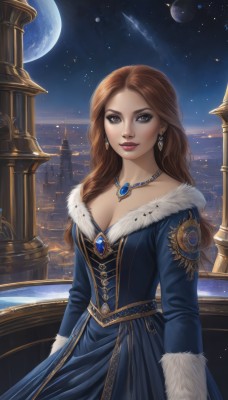 1girl,solo,long hair,breasts,looking at viewer,smile,brown hair,long sleeves,dress,cleavage,brown eyes,jewelry,medium breasts,collarbone,earrings,sky,necklace,lips,fur trim,makeup,night,blue dress,watermark,moon,lipstick,gem,star (sky),night sky,full moon,pendant,starry sky,cityscape,fur-trimmed sleeves,planet,pillar,outdoors,artist name,eyeshadow,realistic,red lips,shooting star