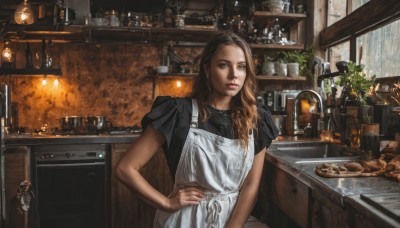 1girl,solo,long hair,looking at viewer,brown hair,shirt,brown eyes,jewelry,short sleeves,earrings,food,indoors,apron,cup,lips,hand on hip,black shirt,window,bottle,fire,plant,plate,rain,realistic,bread,kitchen,sitting,upper body,white apron,potted plant,jar,cabinet,cutting board