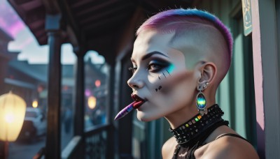 1girl,solo,short hair,blue eyes,bare shoulders,jewelry,pink hair,multicolored hair,earrings,tongue,blurry,collar,two-tone hair,tattoo,makeup,blurry background,facial mark,mouth hold,piercing,lipstick,ear piercing,portrait,eyeshadow,science fiction,nose,eyeliner,very short hair,undercut,facial tattoo,cyborg,mascara,mohawk,cyberpunk,nose piercing,eyebrow piercing,choker,from side,lips,eyelashes,profile,depth of field,knife,facepaint