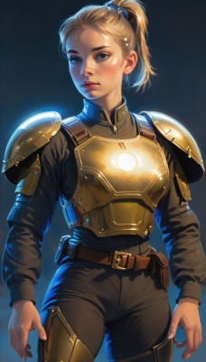 1girl,solo,looking at viewer,short hair,blue eyes,blonde hair,simple background,hair ornament,long sleeves,standing,ponytail,cowboy shot,parted lips,belt,pants,armor,lips,makeup,glowing,blue background,black pants,high ponytail,shoulder armor,freckles,short ponytail,pauldrons,pouch,breastplate,realistic,nose,arms at sides,brown belt,shoulder pads,blush,bodysuit,backlighting,holster,belt pouch,power armor