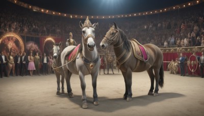 multiple boys,indoors,animal,bottle,crown,6+boys,horse,crowd,horseback riding,multiple girls,hat,dress,weapon,solo focus,armor,6+girls,helmet,riding,stage,banner,people,saddle