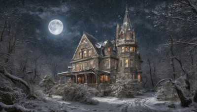 outdoors,sky,cloud,tree,no humans,window,night,moon,building,star (sky),night sky,scenery,snow,full moon,starry sky,house,winter,bare tree,nature,forest,snowing,architecture,castle