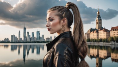 1girl,solo,long hair,breasts,blue eyes,brown hair,hair ornament,jewelry,closed mouth,jacket,upper body,ponytail,braid,earrings,outdoors,sky,day,cloud,water,from side,lips,black jacket,single braid,profile,makeup,cloudy sky,lipstick,building,scenery,reflection,hoop earrings,city,realistic,nose,hair tie,fantasy,red lips,leather,hair pulled back,river,castle,leather jacket,hairclip,tree,piercing,ear piercing,cityscape,lake