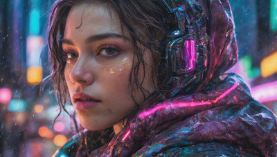 1girl, solo, looking at viewer, brown hair, black hair, parted lips, hood, blurry, lips, blurry background, portrait, science fiction, rain, realistic, nose, cyberpunk, neon lights