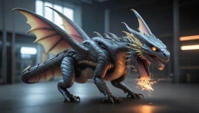 HQ,solo,open mouth,tail,full body,wings,teeth,tongue,blurry,orange eyes,pokemon (creature),no humans,blurry background,glowing,fangs,fire,sharp teeth,claws,spikes,monster,dragon,scales,breathing fire,kaijuu,red eyes,indoors,glowing eyes