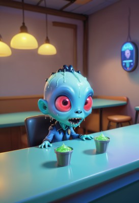 solo,open mouth,shirt,red eyes,1boy,sitting,male focus,sweat,necktie,teeth,indoors,pink eyes,uniform,cup,wet,colored skin,chair,table,plant,sharp teeth,colored sclera,blue skin,potted plant,lamp,restaurant,pointy ears,saliva,blue shirt,light bulb