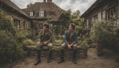 smile,short hair,brown hair,shirt,black hair,sitting,jacket,male focus,boots,outdoors,multiple boys,sky,pants,cloud,2boys,black footwear,tree,window,facial hair,cloudy sky,plant,building,scenery,bench,bush,leather,house,jewelry,closed mouth,open clothes,day,belt,necklace,looking at another,open jacket,knee boots,blue shirt,blue jacket,brown jacket,white pants,leather jacket,leather boots