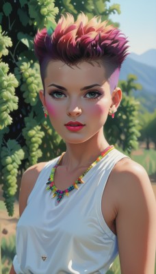 1girl,solo,breasts,looking at viewer,blush,short hair,shirt,dress,bare shoulders,jewelry,green eyes,collarbone,white shirt,upper body,pink hair,multicolored hair,earrings,small breasts,outdoors,parted lips,teeth,sleeveless,day,dark skin,necklace,white dress,blurry,dark-skinned female,tree,lips,eyelashes,makeup,blurry background,leaf,lipstick,eyeshadow,nose,red lips,undercut,mascara,fruit,scar,piercing,tank top,plant,scar on face,pink lips,scar across eye,eyeliner,very short hair,pineapple