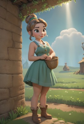 1girl,solo,breasts,blush,smile,short hair,brown hair,hair ornament,dress,holding,bare shoulders,brown eyes,standing,full body,flower,sidelocks,boots,outdoors,sky,teeth,sleeveless,day,artist name,cloud,hair bun,tree,blue sky,lips,bare arms,sleeveless dress,blue dress,shadow,watermark,brown footwear,sunlight,single hair bun,thick eyebrows,grass,plant,building,child,freckles,green dress,sun,basket,ankle boots,brick wall,holding basket,open mouth,parted lips,aqua dress,stone wall