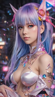 1girl,solo,long hair,breasts,looking at viewer,bangs,blue eyes,hair ornament,cleavage,bare shoulders,jewelry,medium breasts,closed mouth,green eyes,blue hair,upper body,purple hair,flower,bikini,earrings,hair flower,necklace,blurry,covered nipples,lips,see-through,blurry background,headgear,gem,armlet,freckles,realistic,nose,sidelocks,detached sleeves,shiny,artist name,shiny hair,shiny skin,eyelashes,makeup,detached collar,watermark,revealing clothes,pink ribbon,mascara