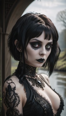 1girl,solo,breasts,looking at viewer,short hair,bangs,black hair,dress,cleavage,bare shoulders,jewelry,medium breasts,closed mouth,green eyes,upper body,sidelocks,earrings,parted lips,sleeveless,choker,artist name,medium hair,necklace,blurry,black dress,lips,eyelashes,tattoo,makeup,depth of field,blurry background,lipstick,pale skin,lace,eyeshadow,nose,red lips,eyeliner,mascara,gothic,black lips,long hair,sleeveless dress,lace trim,short hair with long locks,realistic,arm tattoo