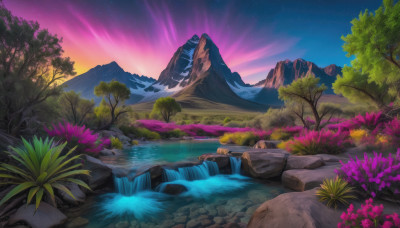 flower, outdoors, sky, water, tree, no humans, night, plant, star (sky), nature, night sky, scenery, starry sky, rock, mountain, waterfall