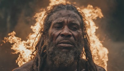 solo,looking at viewer,1boy,male focus,parted lips,teeth,blurry,black eyes,facial hair,portrait,beard,realistic,brown theme,long hair,black hair,lips,tattoo,mustache