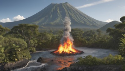 outdoors,sky,day,cloud,water,tree,blue sky,no humans,grass,fire,plant,nature,scenery,forest,smoke,rock,mountain,river,landscape,burning,campfire