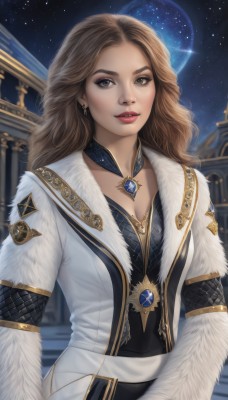 1girl,solo,long hair,breasts,looking at viewer,smile,brown hair,dress,cleavage,brown eyes,jewelry,medium breasts,upper body,earrings,parted lips,sky,choker,belt,necklace,lips,coat,fur trim,makeup,night,wavy hair,moon,lipstick,gem,star (sky),night sky,full moon,eyeshadow,starry sky,curly hair,realistic,nose,white coat,red lips