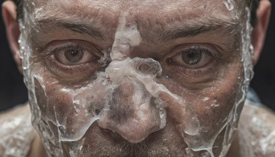 solo,looking at viewer,short hair,simple background,black hair,1boy,brown eyes,male focus,blurry,wet,mask,black background,portrait,close-up,realistic,mouth mask,wrinkled skin,water,black eyes,facial hair,reflection,very short hair,eye focus