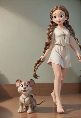 1girl,solo,long hair,smile,open mouth,brown hair,dress,twintails,brown eyes,jewelry,very long hair,standing,full body,braid,short sleeves,earrings,food,barefoot,indoors,necklace,white dress,twin braids,feet,toes,fruit,shadow,animal,cross,child,forehead,walking,cross necklace,mouse,breasts,blush,small breasts,artist name,signature,lips,legs,wooden floor