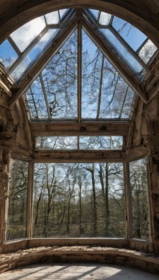 outdoors,sky,day,cloud,indoors,tree,blue sky,no humans,window,shadow,sunlight,nature,scenery,snow,forest,winter,bare tree,broken window,cloudy sky,plant,fantasy,ruins,arch