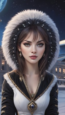 1girl,solo,long hair,breasts,looking at viewer,bangs,brown hair,cleavage,brown eyes,jewelry,medium breasts,closed mouth,collarbone,upper body,earrings,outdoors,sky,artist name,hood,necklace,lips,fur trim,eyelashes,makeup,night,watermark,moon,building,gem,star (sky),night sky,web address,pendant,hood up,starry sky,realistic,nose,signature,lipstick