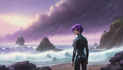 1girl,solo,short hair,standing,purple eyes,purple hair,ass,outdoors,sky,looking back,cloud,water,from behind,lips,bodysuit,makeup,ocean,beach,lipstick,scenery,science fiction,mountain,waves,cliff,lighthouse,jewelry,earrings,nose,sand,horizon,very short hair,shore