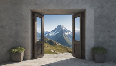 outdoors,sky,day,cloud,blue sky,no humans,window,shadow,grass,plant,scenery,mountain,door,potted plant,wall,mountainous horizon,flower pot