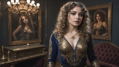 1girl,solo,long hair,breasts,looking at viewer,blue eyes,blonde hair,brown hair,shirt,long sleeves,cleavage,jewelry,medium breasts,sitting,collarbone,upper body,necklace,lips,grey eyes,eyelashes,makeup,wavy hair,chair,pendant,curly hair,realistic,nose,picture frame,painting (object),portrait (object),earrings,parted lips,indoors,lipstick,couch,lamp,candle