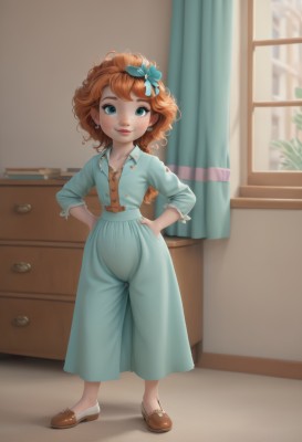 1girl,solo,long hair,looking at viewer,blush,smile,blue eyes,brown hair,hair ornament,dress,bow,jewelry,closed mouth,standing,full body,hair bow,earrings,shoes,pants,indoors,orange hair,flat chest,aqua eyes,lips,window,blue dress,blue bow,brown footwear,curtains,child,freckles,curly hair,hands on hips,female child,potted plant,slippers,drawer,green eyes,collarbone,red hair,book,alternate hairstyle,aged down,realistic