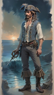 solo,long hair,brown hair,shirt,1boy,hat,holding,brown eyes,jewelry,standing,full body,white shirt,weapon,male focus,earrings,boots,outdoors,open clothes,sky,belt,pants,sword,water,holding weapon,vest,facial hair,ocean,brown footwear,holding sword,ring,knife,beard,rock,mustache,sun,brown belt,dagger,blue vest,hat feather,pirate hat,rapier,pirate,blonde hair,eyepatch,sunset