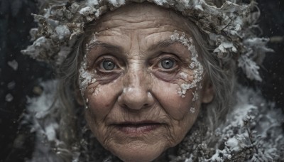 1girl,solo,looking at viewer,blue eyes,closed mouth,grey hair,blurry,lips,grey eyes,portrait,snow,snowing,realistic,branch,snowflakes,old,old man,old woman,wrinkled skin,1boy,male focus,facial hair,beard,close-up,nose