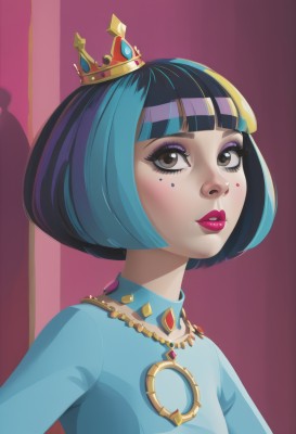 1girl,solo,looking at viewer,short hair,bangs,shirt,black hair,brown eyes,jewelry,blue hair,upper body,purple hair,multicolored hair,blunt bangs,necklace,black eyes,two-tone hair,lips,eyelashes,mole under eye,makeup,shadow,facial mark,bob cut,crown,blue shirt,lipstick,gem,eyeshadow,eyeliner,mascara,parted lips,teeth,mole,pink background,pink lips,nose,silhouette,mini crown