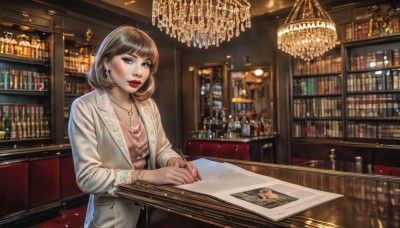 1girl,solo,breasts,looking at viewer,short hair,bangs,brown hair,shirt,long sleeves,cleavage,brown eyes,jewelry,sitting,jacket,earrings,parted lips,open clothes,indoors,medium hair,necklace,nail polish,mole,blurry,bracelet,open jacket,cup,lips,coat,fingernails,book,makeup,table,ring,bottle,lipstick,instrument,red nails,pink shirt,watch,paper,bookshelf,red lips,shelf,library,piano,bar (place),lights,counter,blush,smile,dress,white jacket,pink nails,alcohol,drinking glass,handbag,realistic,candle,chandelier