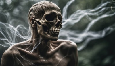 solo,1boy,collarbone,upper body,male focus,wings,teeth,smoke,skull,monster,realistic,bald,skeleton,fog,blurry,no humans