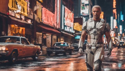 solo,looking at viewer,gloves,1boy,standing,male focus,outdoors,dark skin,armor,dark-skinned male,ground vehicle,building,motor vehicle,reflection,science fiction,city,realistic,car,cyberpunk,blonde hair,night,scar,walking,road,vehicle focus,street