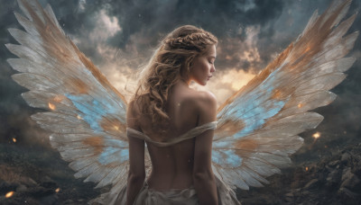 1girl, solo, long hair, blonde hair, dress, bare shoulders, closed eyes, upper body, outdoors, wings, sky, cloud, from behind, back, cloudy sky, realistic, fairy wings, fairy, butterfly wings