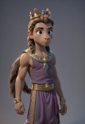 solo,long hair,simple background,brown hair,1boy,bare shoulders,brown eyes,jewelry,closed mouth,standing,tail,braid,male focus,cowboy shot,sleeveless,belt,dark skin,grey background,necklace,bracelet,gradient background,dark-skinned male,crown,child,arms at sides,male child,wings,artist name,twin braids,gradient,aged down,freckles,bracer