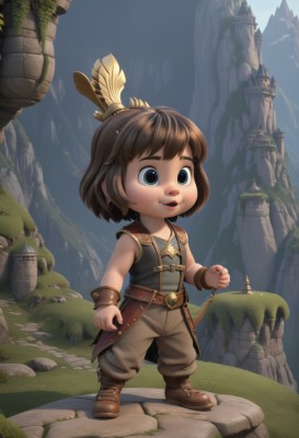 1girl,solo,smile,short hair,open mouth,bangs,blue eyes,brown hair,shirt,hair ornament,1boy,jewelry,standing,full body,weapon,male focus,boots,outdoors,parted lips,teeth,sleeveless,day,belt,pants,sword,chibi,vest,lips,brown footwear,feathers,knife,child,rock,mountain,feather hair ornament,brown pants,cliff,faux figurine